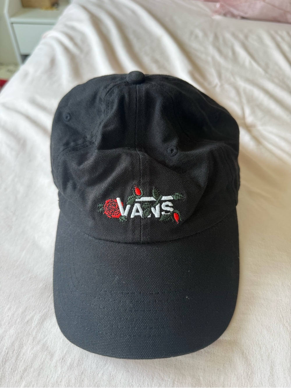 Vans Black Cap with Embroidered Rose Detail